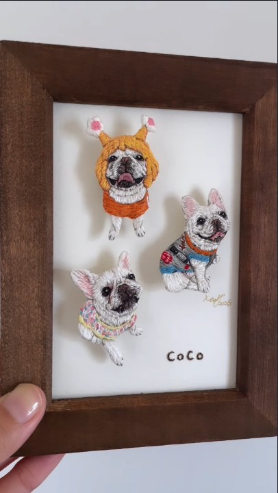 額に入れたフレンチブルドッグ3パターンの刺繍